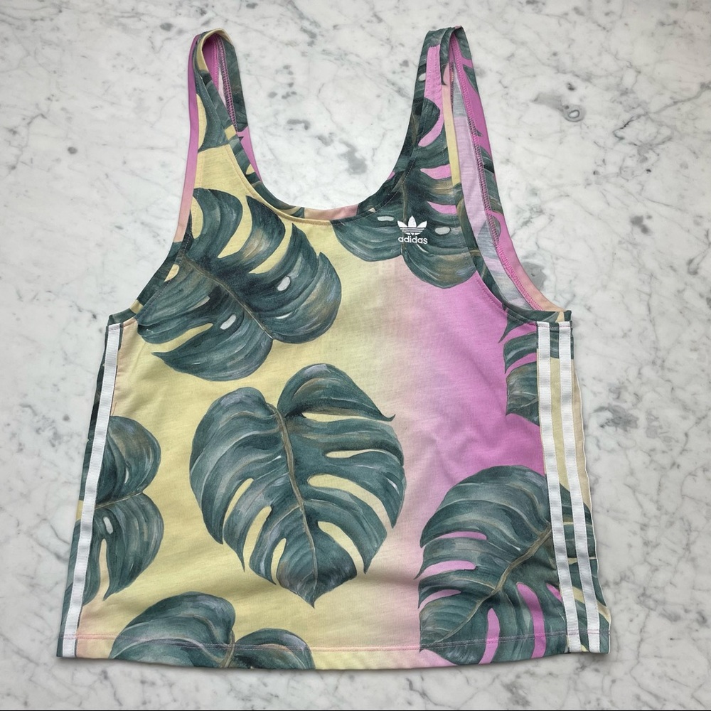 adidas Sleeveless Scoopneck Palm Leaf Three-Stripe Tank Top